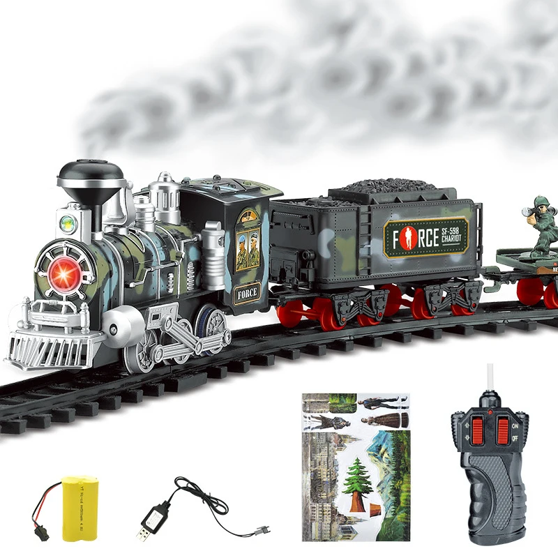 

Classic electric steam smoke remote control track train rechargeable with light simulation train sound independent assembly