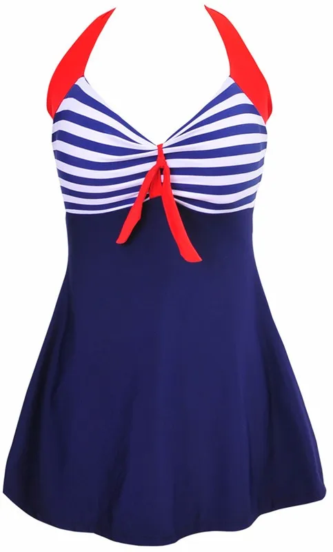 Sexy Plus Size Stripe Padded Halter Skirt Swimwear Women One Piece Suits Swimsuit Beachwear Bathing Suit Dress M To 4XL | Спорт и