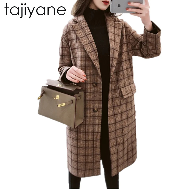 

TAJIYANE 2018 Spring And Winter Plaid Female Coat Long Section Korean Version Of The Chic Hepburn Style Woolen Jacket LD058