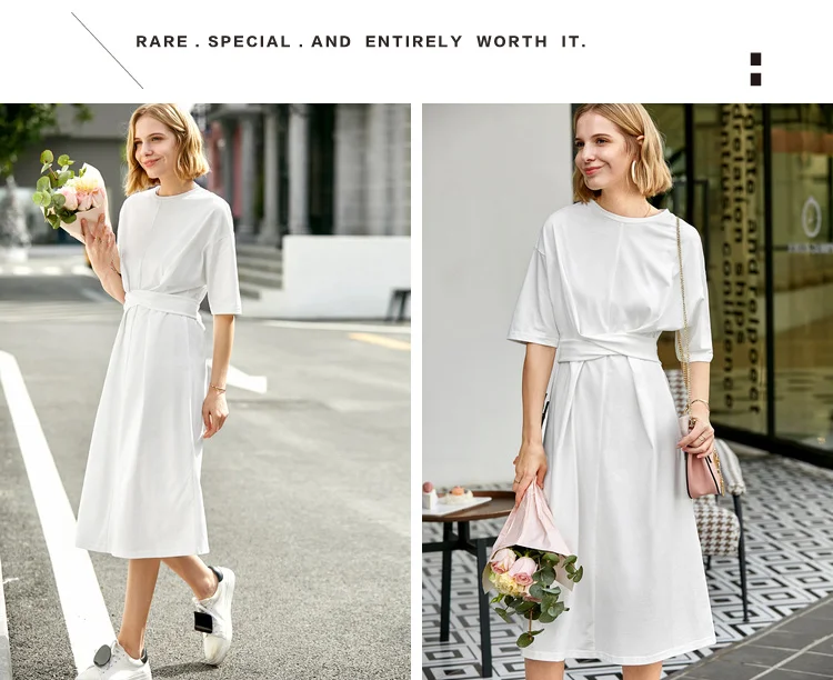 Amii Minimalist Women Dress Spring Summer Causal Solid Short Sleeve Belt Lace Up O Neck Cotton Elegant Female Dress