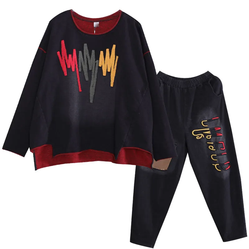 

Trend 2piece set for women Retro embroidery cotton denim suits female spring sets loose big size ladies Sweatshirt two Set women