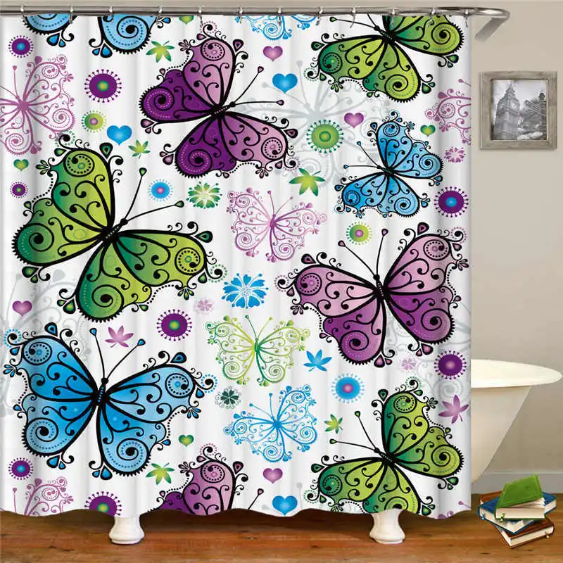 Butterfly Pattern Shower Curtain Rings PE Waterproof Polyester Bape Flower Printed Bath Curtains With 12 Hooks For Bathtub Decor | Дом и сад
