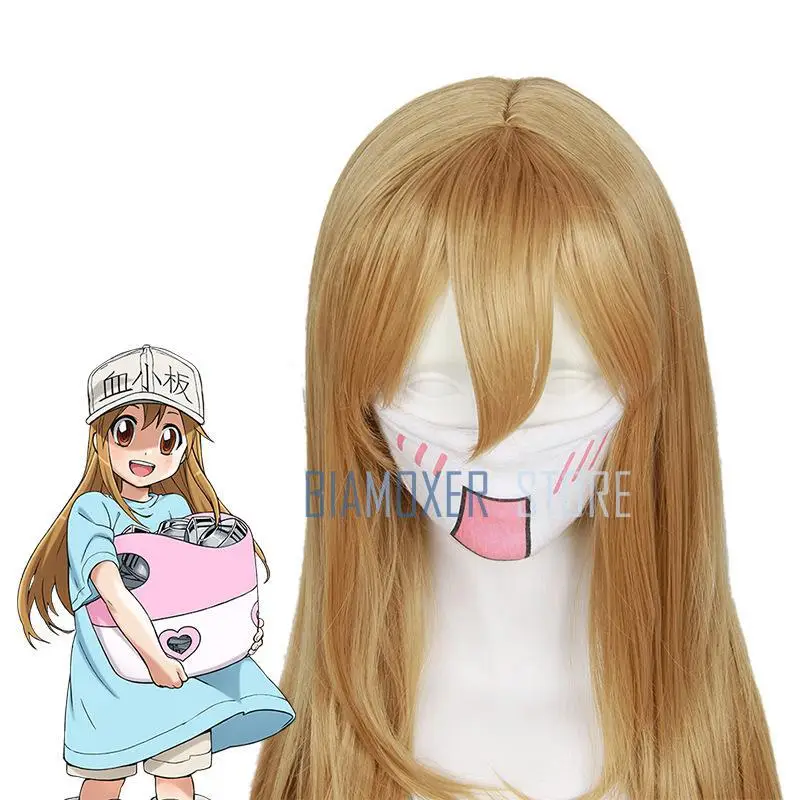 Biamoxer Anime Hataraku Saibou Platelet Cosplay Wigs Cells At Work Long Straight Flaxen Synthetic Hair Wig + Cap |