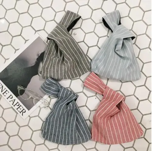 

Japanese Style Wind Simple Knot Wrist Bag Coin purse Mobile Phone Key Small Bag Grid stripe Handmade Square Bag
