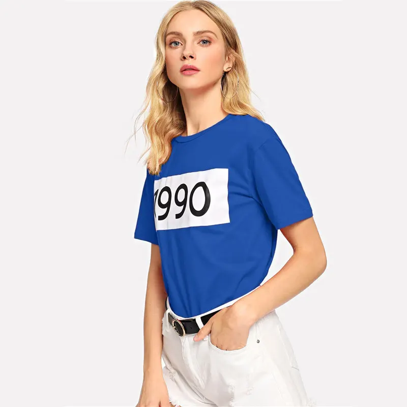 SHEIN Футболка С Текстовым Принтом И Коротким Рукавом Женские Летние Пуловеры С Круглым Вырезом С Коротким Рукавом
