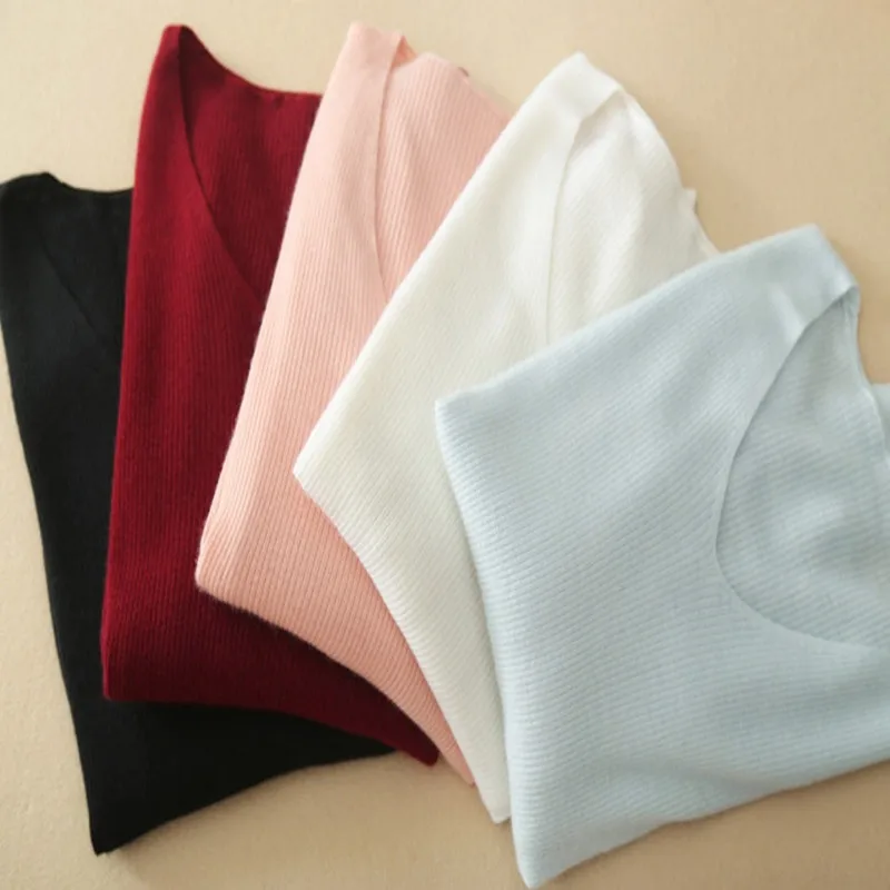 

high grade customizing pure goat cashmere women new fashion basics sweater pullover V-neck slim apricot solid color S/M/L