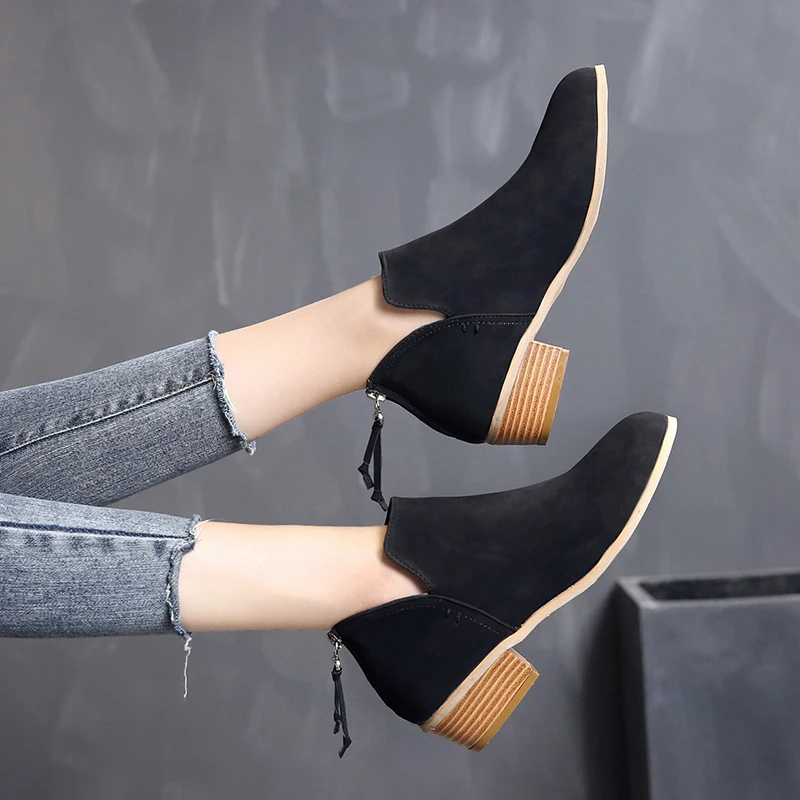 Ботильоны для женщин размера плюс; Zapatos De Mujer; обувь на низком массивном каблуке; женская обувь на резиновой подошве; Bottes Bottines Femmes; Цвет черный, розовый