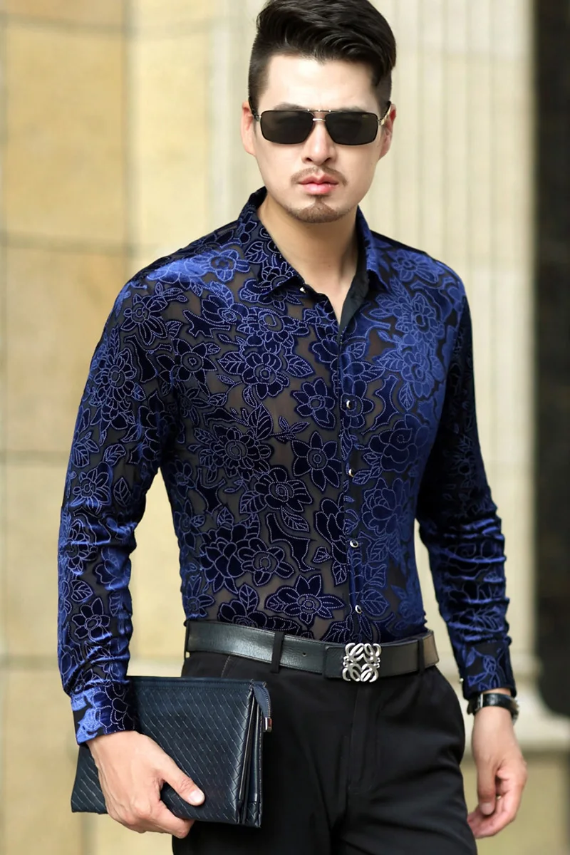New design male casual see through shirts hollow floral long sleeve clothes mens sexy transprant dress shirt | Мужская одежда