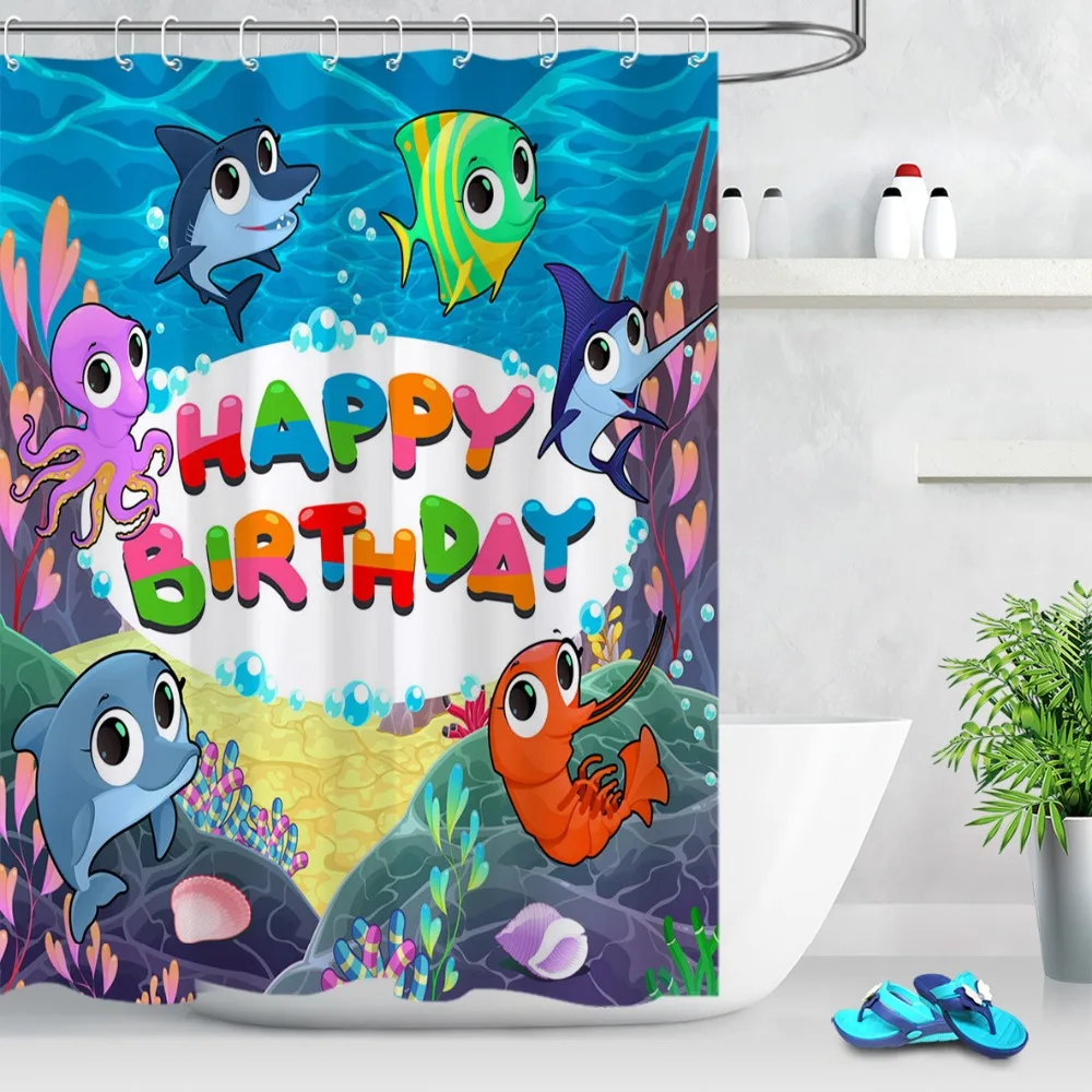 LB Small Fish Octopus Shrimp Dolphin Birthday Shower Curtains Waterproof Custom Bathroom Curtain Fabric For Kids Bathtub Decor | Дом и сад