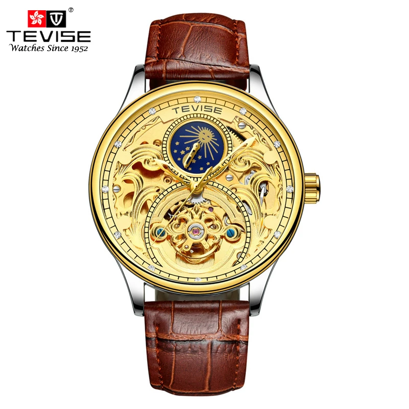 Tevise кожаные механические Автоматические часы для мужчин бизнес Tourbillon Moon Phase Skeleton
