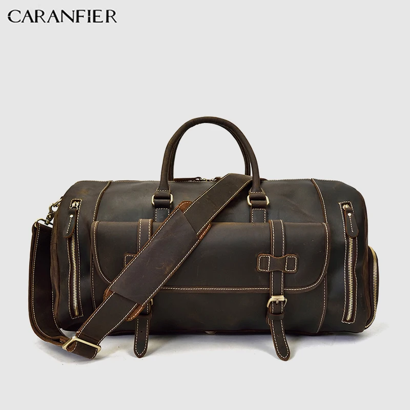 Dark Brown CARANFIER для мужчин Crazy Horse из натуральной коровьей кожи Бизнес открытый путешествия вещевой Кроссбоди сумки на плечо большой емкости чемодан пакет - Цвет: Dark Brown