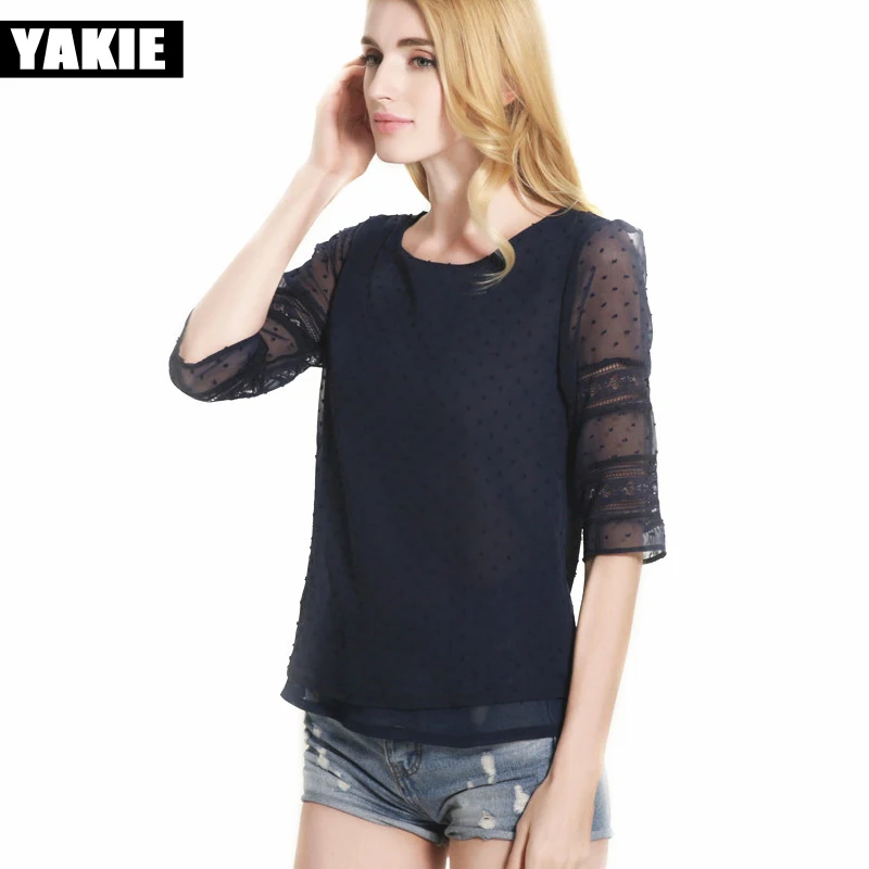 Женская шифоновая блузка с кружевом голубая или белая элегантная офисная тремя