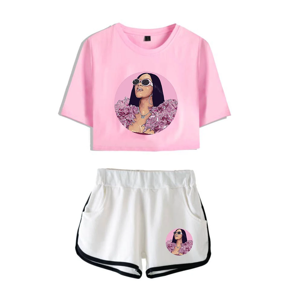 Rapper Cardi B принт для женщин комплект из двух предметов и короткие штаны летняя девушка пупка футболка студент хлопок высокое качество костюм