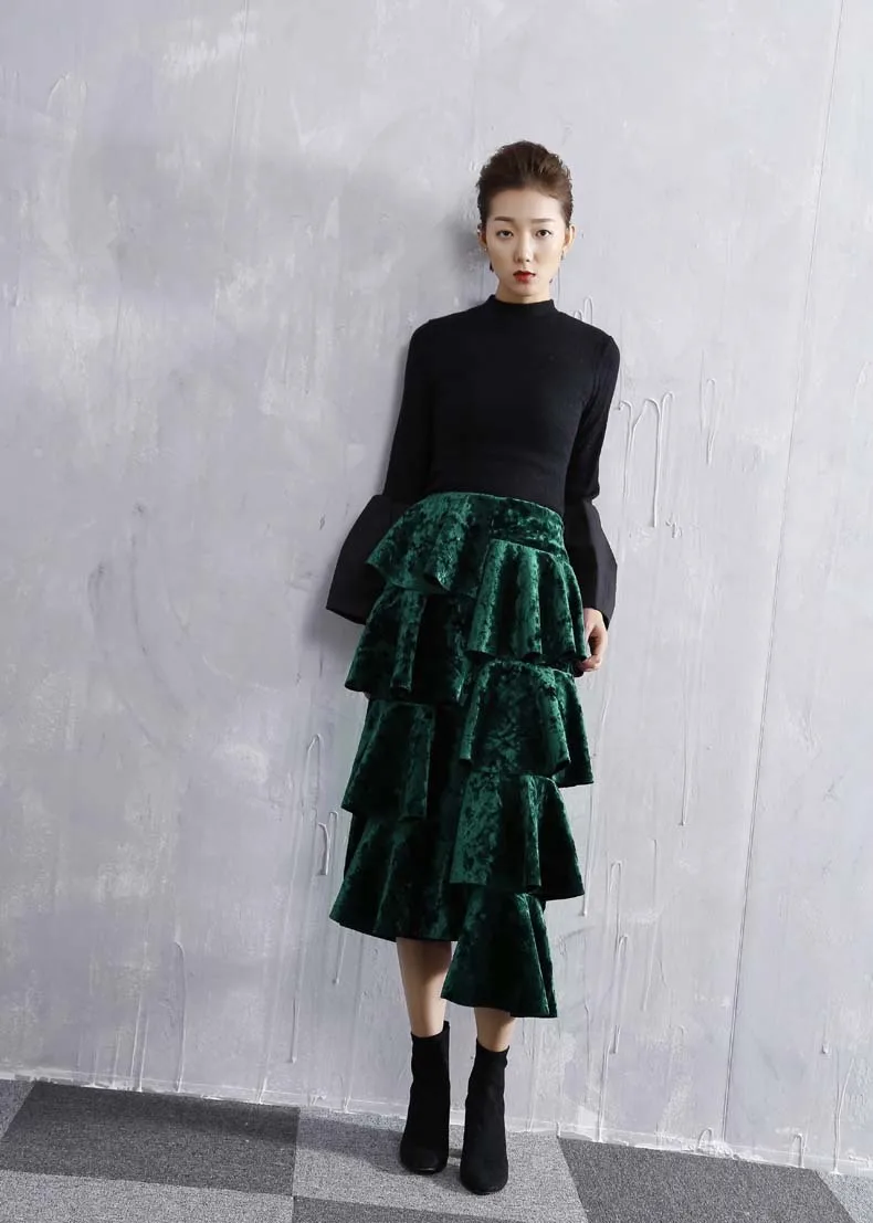 ASYMSAY Europe Lotus Leaf Asymmetry Shiny Fabric Velvet Skirt For Women Back Split Elastic High Waist Skirts Female AC2122