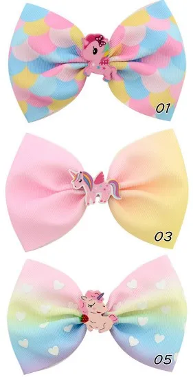 Unicorn 3 pcs 3/6 Pcs/lot Colorful Lovely Unicorn Mermaid Girls Bow Tie Hair Clip Grosgrain Ribbon Bow-knot Hairpins Hairgrips Accessories - Цвет: Unicorn 3 pcs
