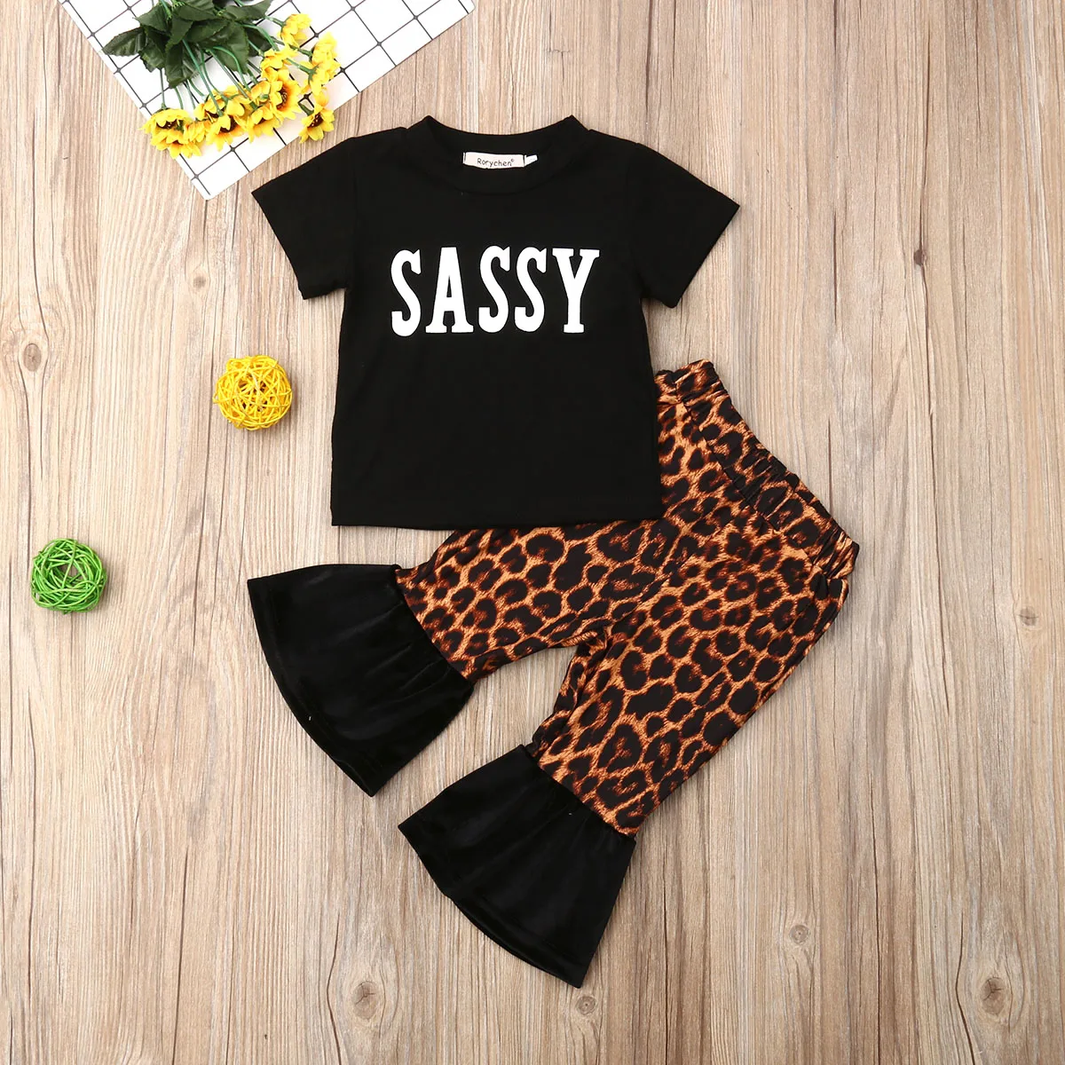 

Newborn Infant Toddler Kids Baby Girl Clothes Short Sleeve Black Sassy Top T-shirt Leopard Pants Outfits Clothes Set 2PCS