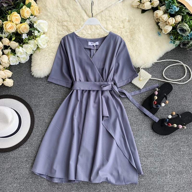 2019 новые модные женские платья Французский Сплошной цвет простой v-образный