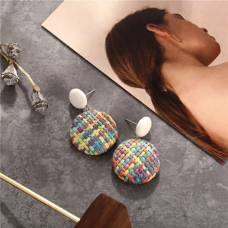 Серьги женские круглые геометрические из ротанга корейские 2019|Серьги-подвески| |