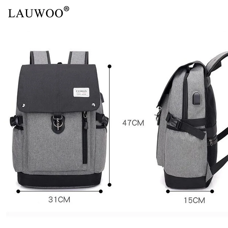 LAUWOO новый рюкзак Для мужчин s Черный моды usb зарядка Водонепроницаемый наушники