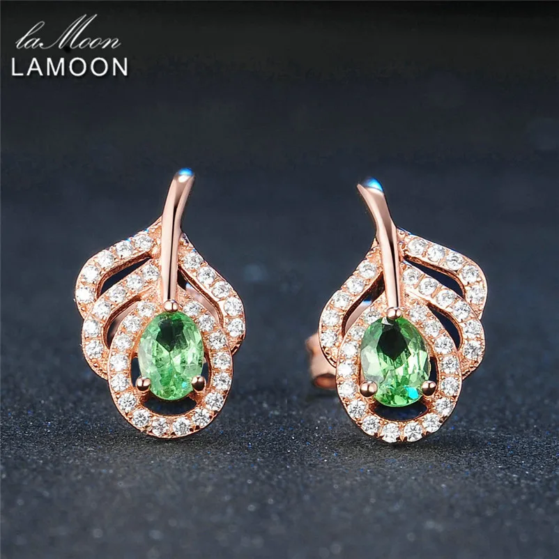 LAMOON S925 Серебряные серьги гвоздики классические листья 100% натуральный Зеленый