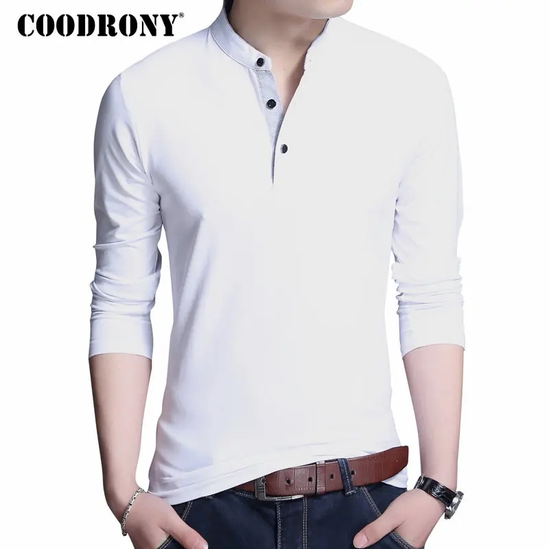 COODRONY, хлопковая футболка для мужчин, новинка, весна-осень, длинный рукав, футболка для мужчин, воротник-стойка, футболка для мужчин, модный бренд, топ, футболка 7606