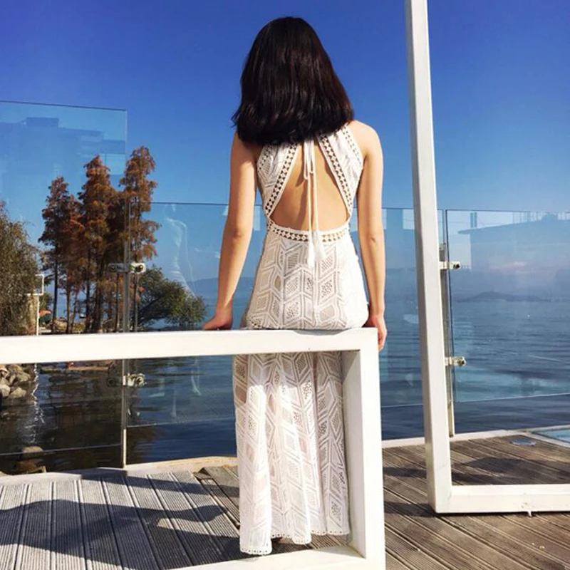 Платье макси летнее кружевное с высоким разрезом и открытой спиной|Женские