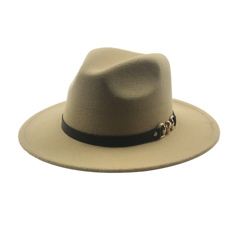 Camel Vintage Panam YY металлический пояс с черепом, фетровая Кепка для мужчин, зимние винтажные Трилби шапки для женщин, теплая фетровая Кепка с широкими полями, джазовые Панамы, 9 цветов 18126 - Цвет: Camel Vintage Panam