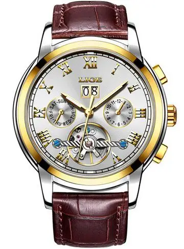 Gold white leather LIGE автоматические механические мужские часы Лидирующий бренд деловые мужские часы нержавеющая сталь спортивные водонепроница - Цвет: Gold white leather