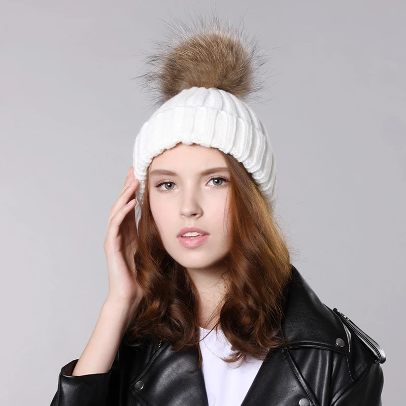 Fur ball knitted Hat Women Brand High Quality Winter Thick Cap 2018 New Fashion Warm Beanie Hot Selling With White Color