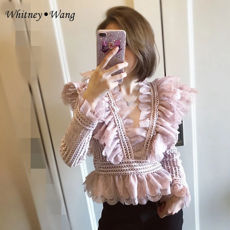WHITNEY WANG 2018 осенне зимняя модная уличная Кружевная блуза с v образным вырезом и