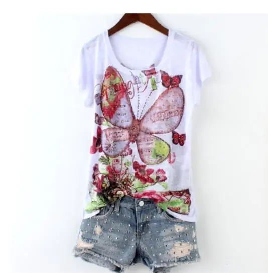 2021 Summer new silk fashion diamond printed dragonfly butterfly slim women short-sleeved T-shirt | Женская одежда