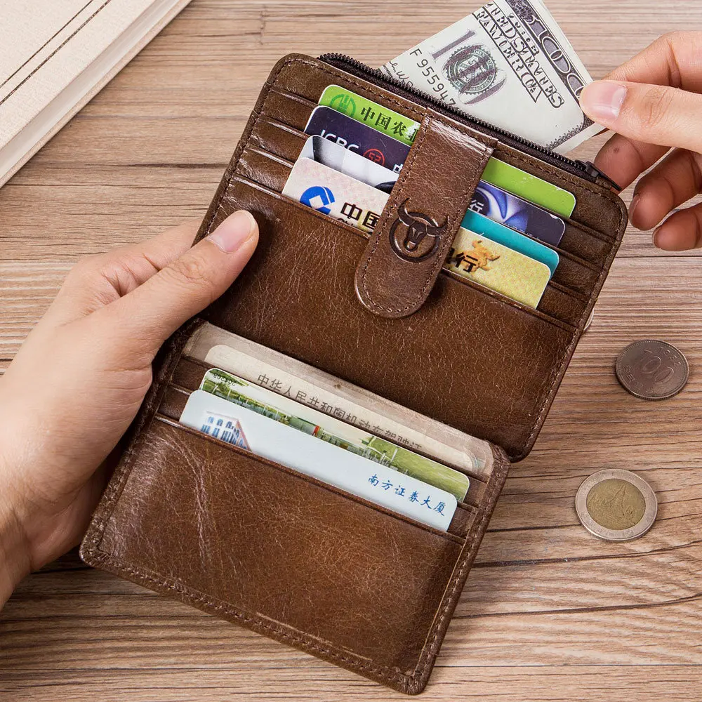 Кошелек BULLCAPTAIN RFID из натуральной кожи, держатель для карт и удостоверений личности, блокирующий держатель для карт на молнии, кредитный бумажник для карт, мини тонкий мужской бизнес