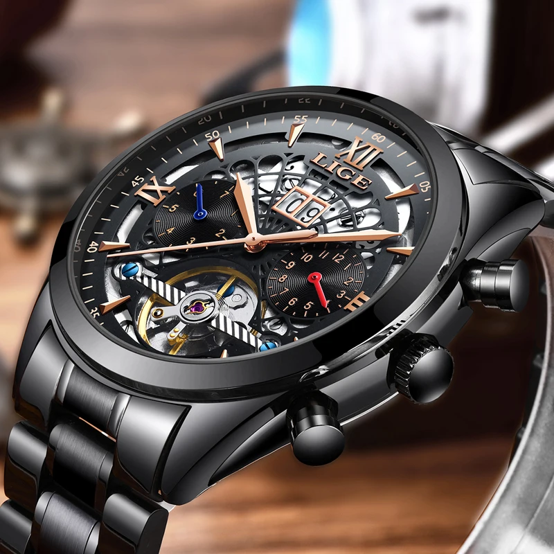 LIGE новые мужские часы Топ бренд класса люкс Tourbillon механические модные бизнес