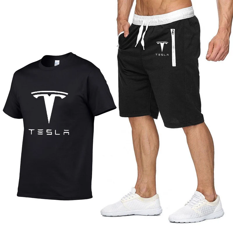 Mens Short sleeve Tesla Car Logo Summer Mens t Shirt Harajuku Hip Hop T-Shirt high quality Cotton T Shirts pants suit Sportswear
