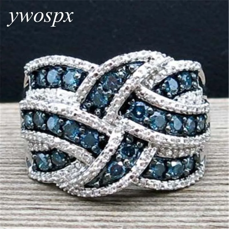 

YWOSPX Luxury Cubic Zirconia Silver Color Rings For Women Jewelry Wedding Engagement Dark Blue Rings Statement Gift Anel Femme