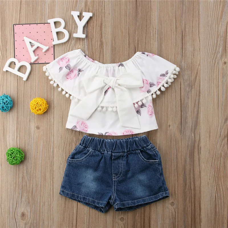 2 шт. джинсовые топы с коротким рукавом и шорты для девочек|Комплекты одежды