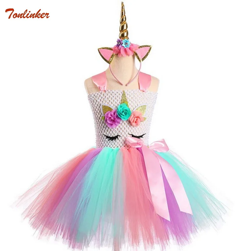 dress and headdress Новое Детское платье с единорогом для девочек, платье-пачка с изображением единорога, головной убор с золотой повязкой на голову, вечерние платья принцессы на Хэллоуин для девочек возрастом от 2 до 10 лет - Цвет: dress and headdress
