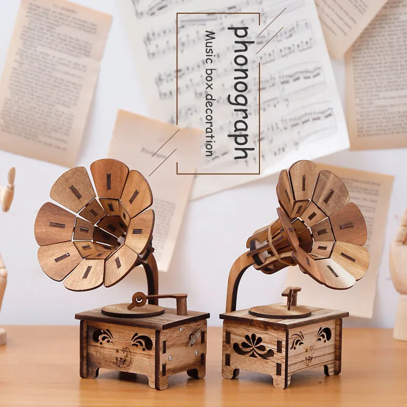Creative Wooden Crafts Music Box Home Decoration Phonograph Model Retro Birthday Gift D039 |