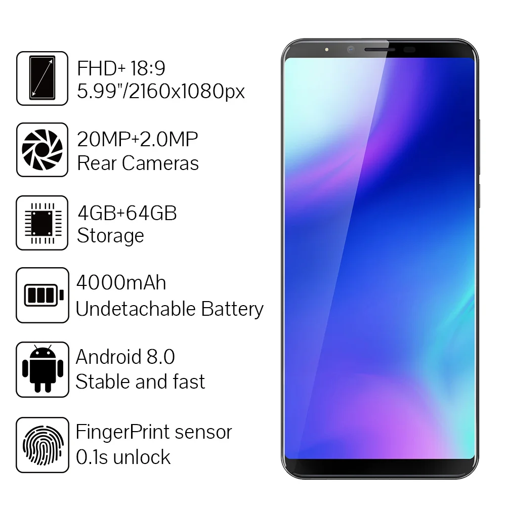 Смартфон Cubot X18 Plus MT6750T, четыре ядра, 4 Гб ОЗУ, 64 Гб ПЗУ, 5,99 дюйма, 18:9 FHD+,, Android 8,0, 4000 мА/ч, задняя двойная камера, 4G LTE