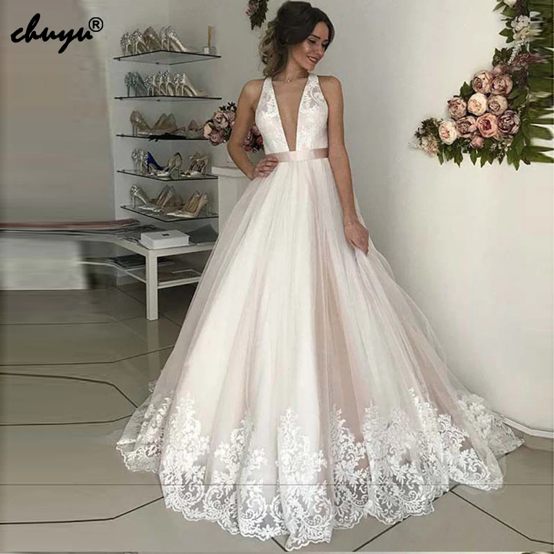 

Deep-V Wedding Dresses Tulle Lace Illusion Vestido De Noiva Dubai Arabic Wedding Gown Bridal Dress