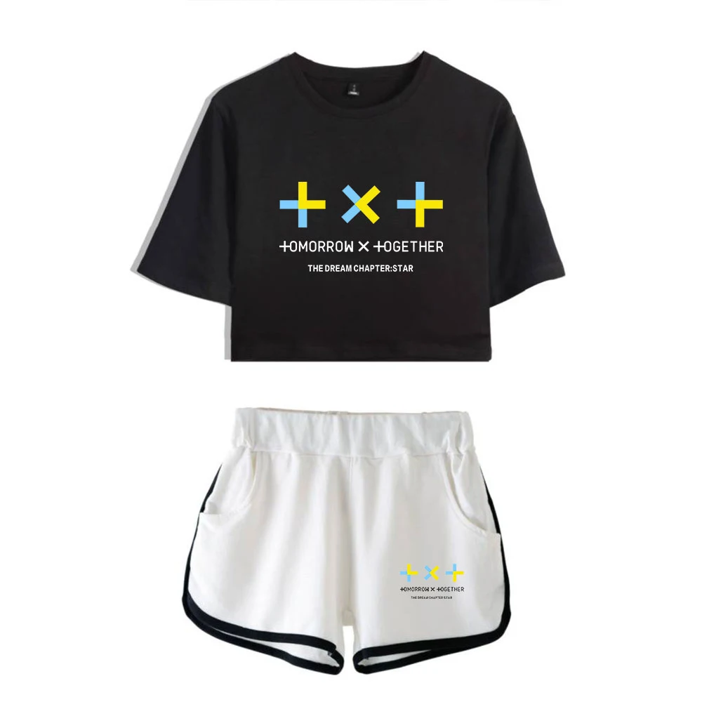 TXT Kpop симпатичная футболка с принтом короткие брюки стильные летние комплекты из
