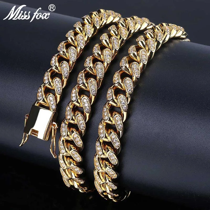 

MISSFOX Hip Hop USA Men's Cuban Link 10mm AAA CZ Stones 24K Gold Plated Fully Iced-Out 18" 22" Chain Long Necklace