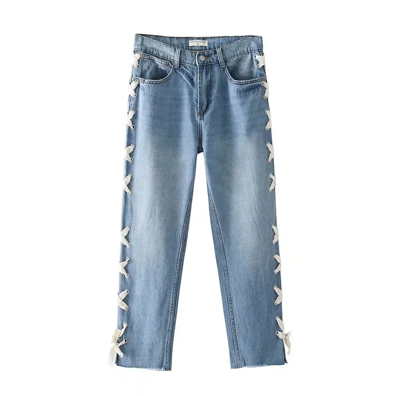 2017 Новинка осени Женская мода галстук украшения джинсы 5315|decorated jeans|jeans fashionnew women