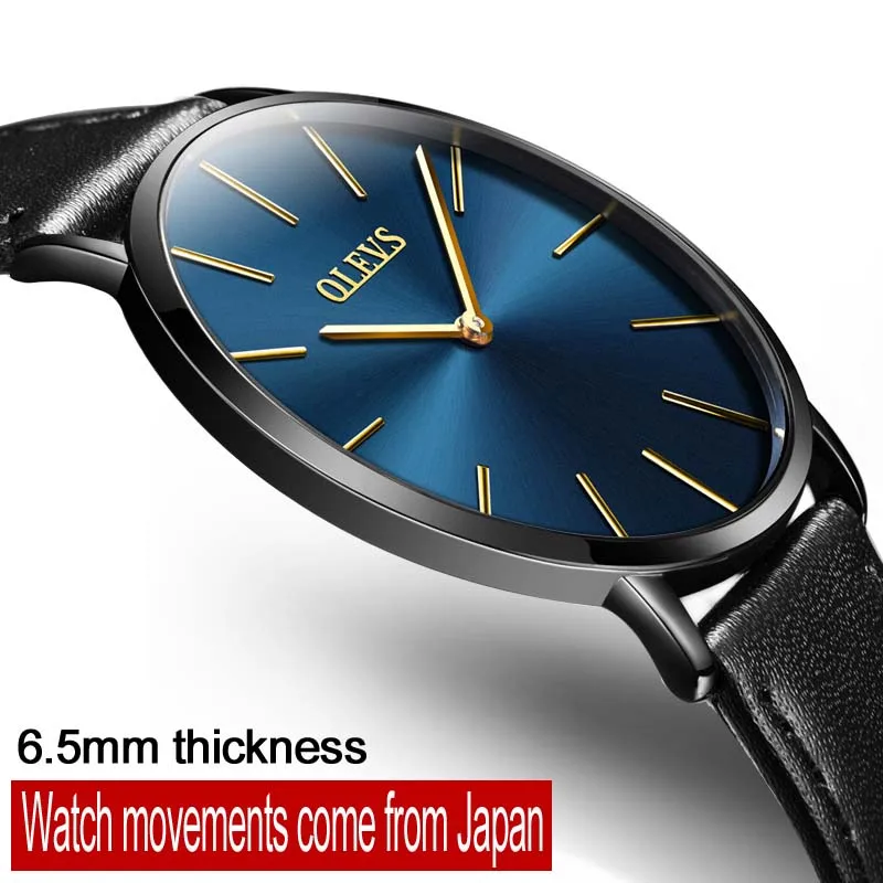 

Часы наручные OLEVS мужские ультратонкие, модные деловые Кварцевые водонепроницаемые с кожаным ремешком, с защитой от царапин