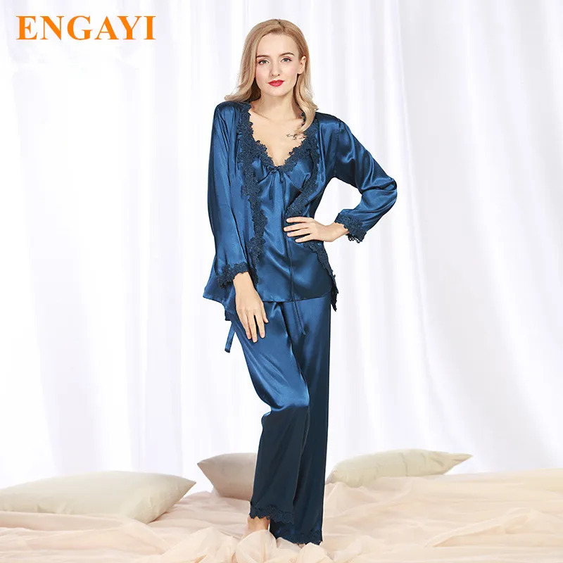 Большие размеры новые весенние женские шелковые пижамы пижамные комплекты из 3