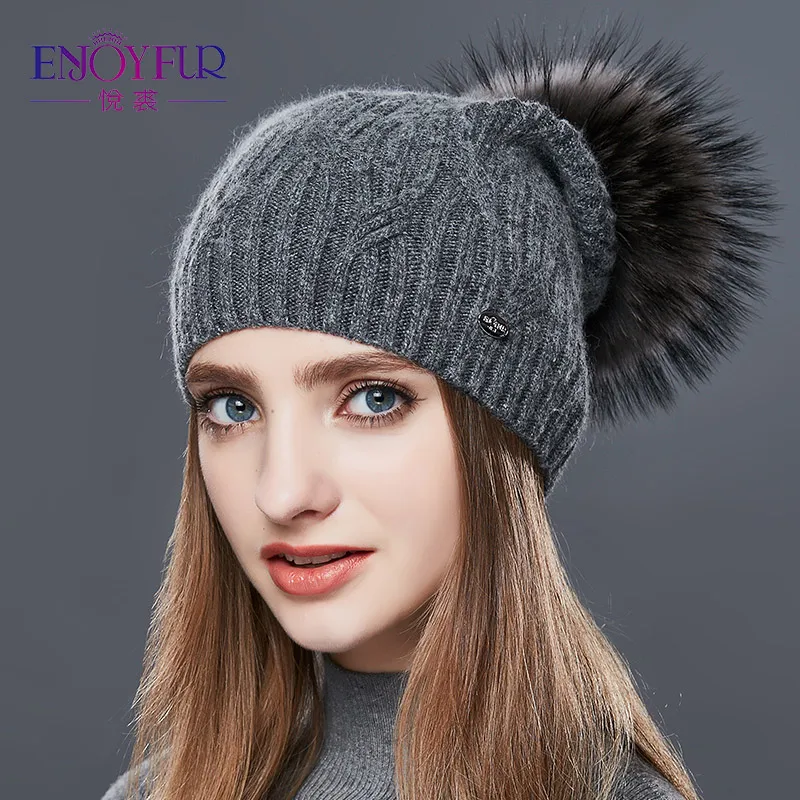 Женские вязаные кашемировые шапки ENJOYFUR, связанные узором «цепочка» шапки с помпоном, для осени и зимы - Цвет: 03C
