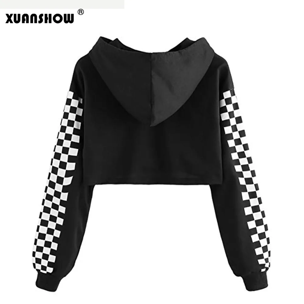 XUANSHOW короткий топ с длинным рукавом, белая клетчатая Женская толстовка с капюшоном, осень, Новое поступление, короткие пуловеры, толстовки Moletom