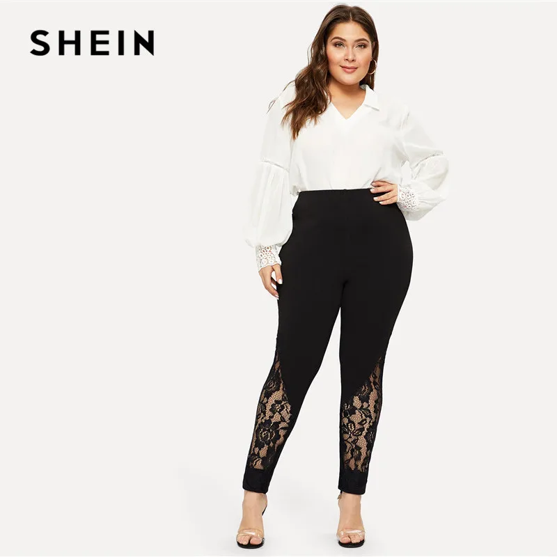 SHEIN черные повседневные эластичные штаны со средней талией, с кружевной вставкой, узкие брюки размера плюс, женские облегающие обтягивающие брюки