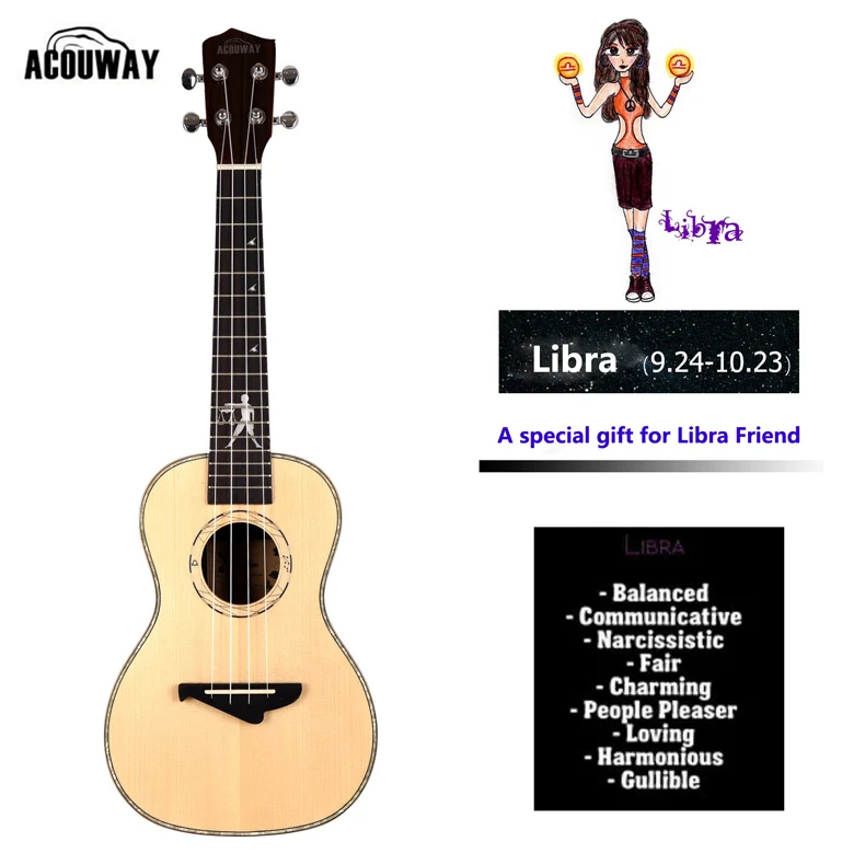 Libra Acouway твердая ель Топ укулеле ukelele концертный тенор 23 26 укулеле глянцевая отделка 12 подарок зодиака подарок модель с бесплатной сумкой - Цвет: Libra