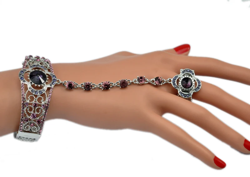 Браслет-манжета с кристаллами и цветами кольцом на палец | Украшения аксессуары